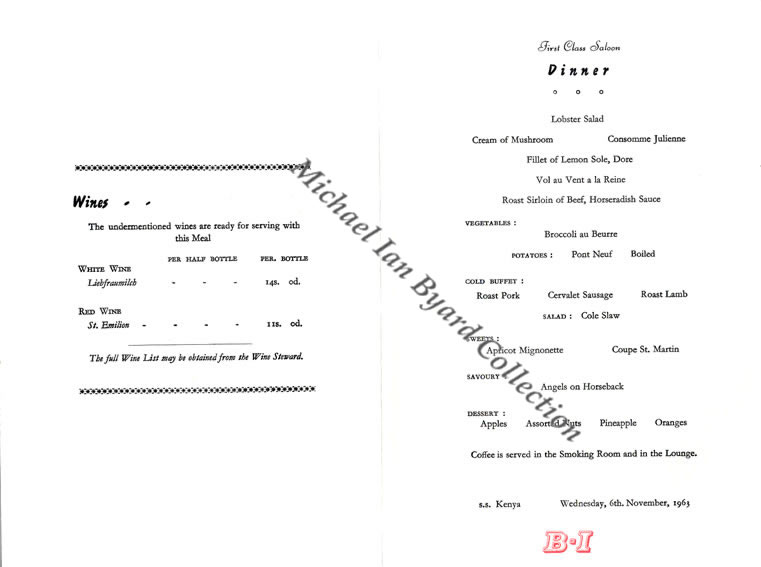 s.s. Kenya Menu 6th November 1963